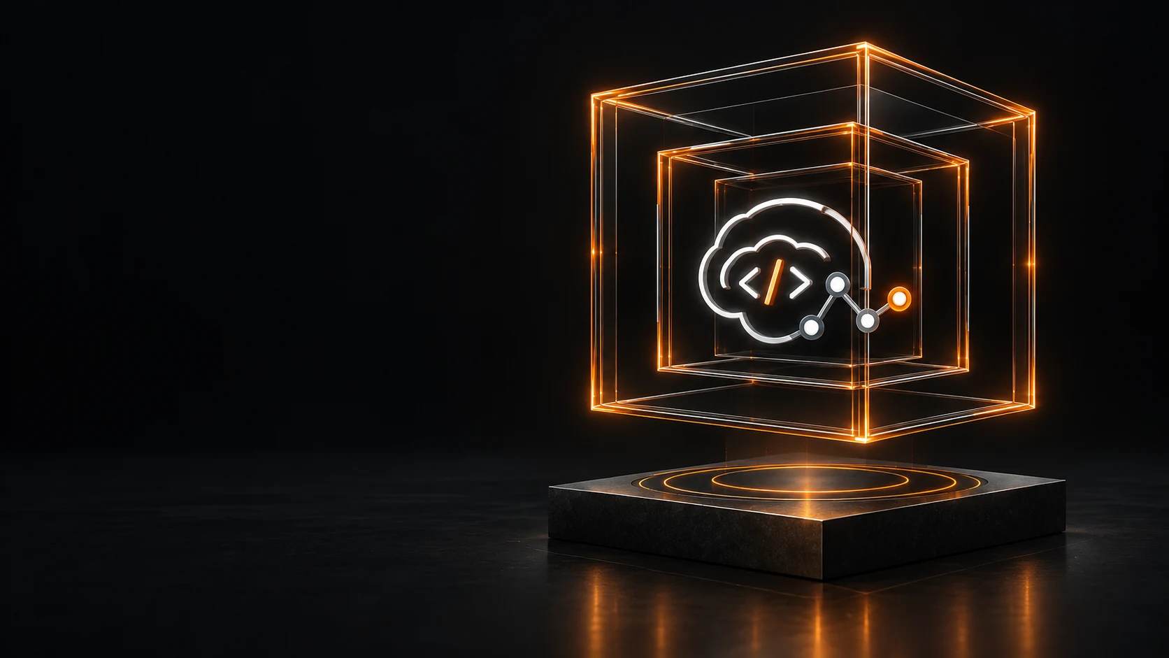 The NAOS brain, code, and network emblem in platinum, suspended inside nested orange governance cubes.